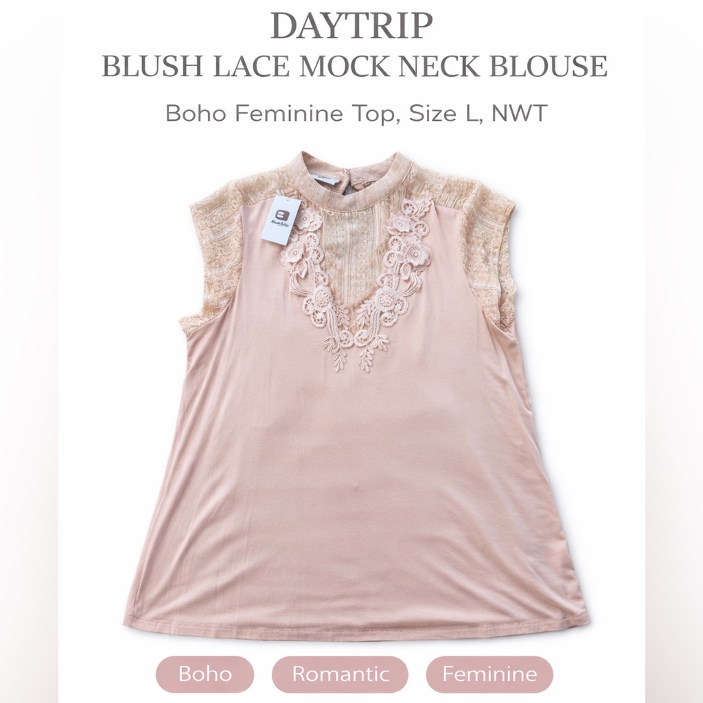 Daytrip Blush Lace Mock Neck Blouse Boho Feminine Top Size L Nwt